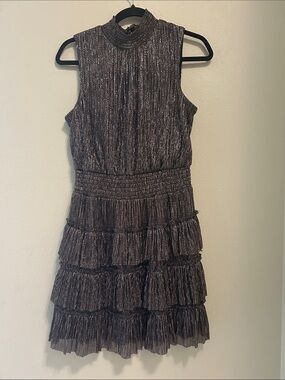 1.State Sleeveless Metallic Tiered Ruffle Dress - brown and silver